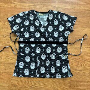 Tafford Women's Nurse Scrub Top Snowman Snow Flacks Black White 100% Cotton